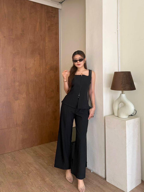 Women Classy Zipper Square Blouse With Trousers Sets